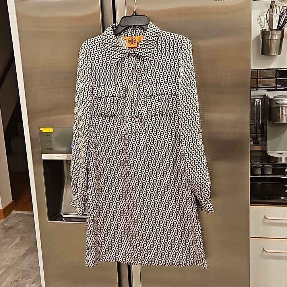 💕TORY BURCH💕 Long Sleeve Button Front Shirt Dress ~ 12 Geometric Chain Print
